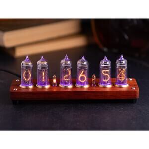 Nixie Retro look Desk Clock with modern technology. IN-14 Tubes. Wood case.